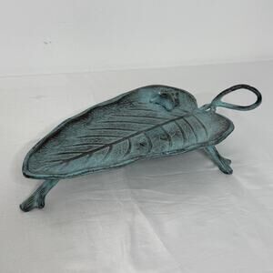 Cast Iron Leaf Tray with Frog Trinket Dish Ring Holder Verdigris Patina Rustic